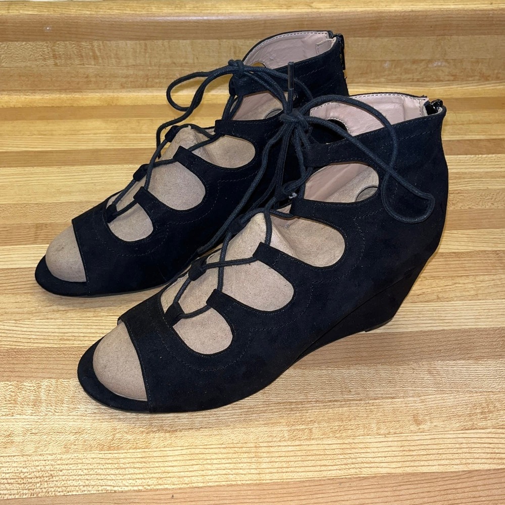 Black Suede Open Toe Wedge Sandals Size 10